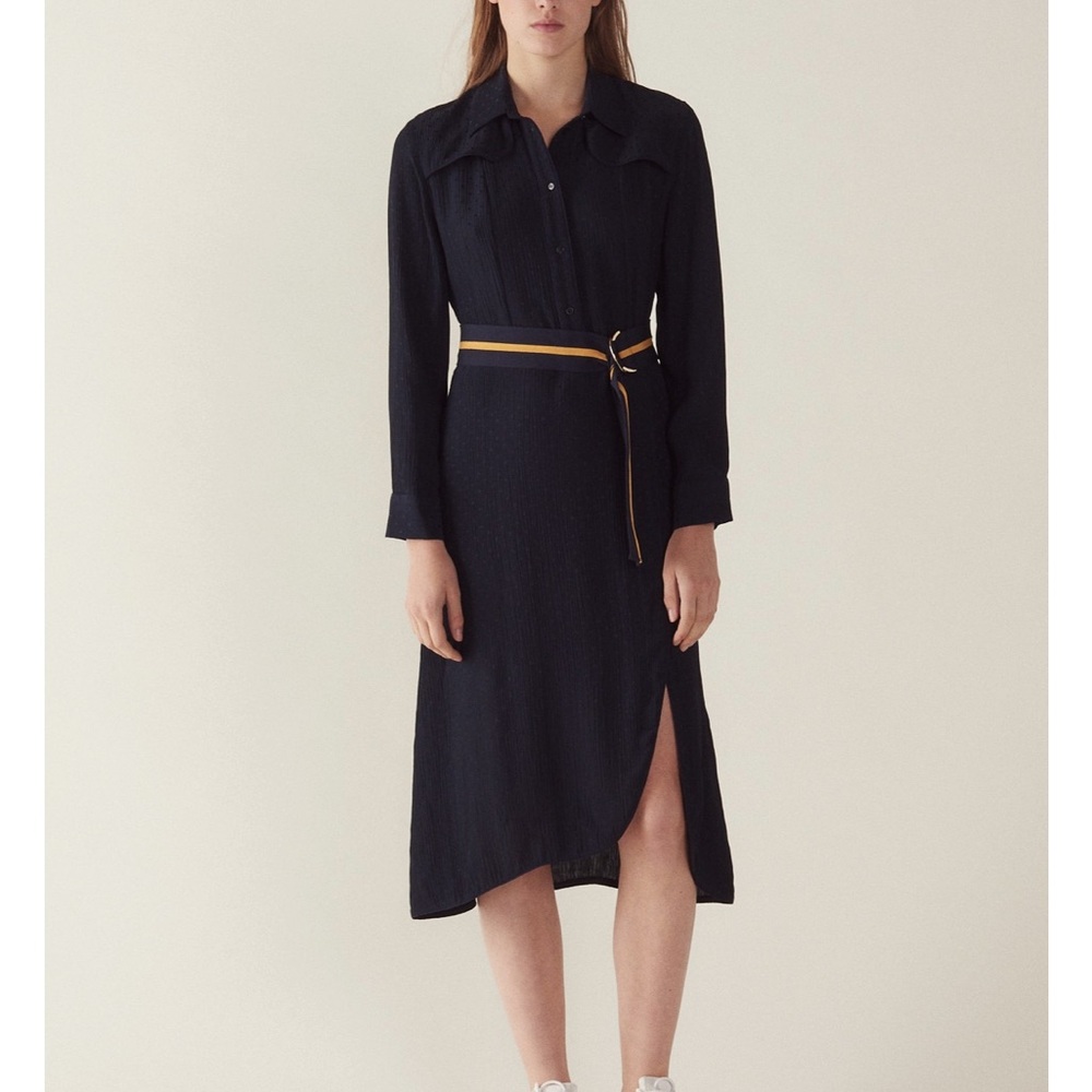 Sandro Paris Navy Swiss-Dot Belted Midi Shirtdress w/ Side Slit - S ($395 orig)